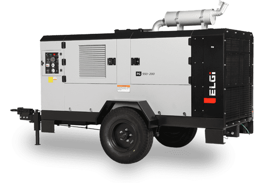 ELGi trolley mounted portable compressor Malaysia 185–1200 CFM for jackhammers, rock drills, impact wrenches, chipping tools, and sandblasting