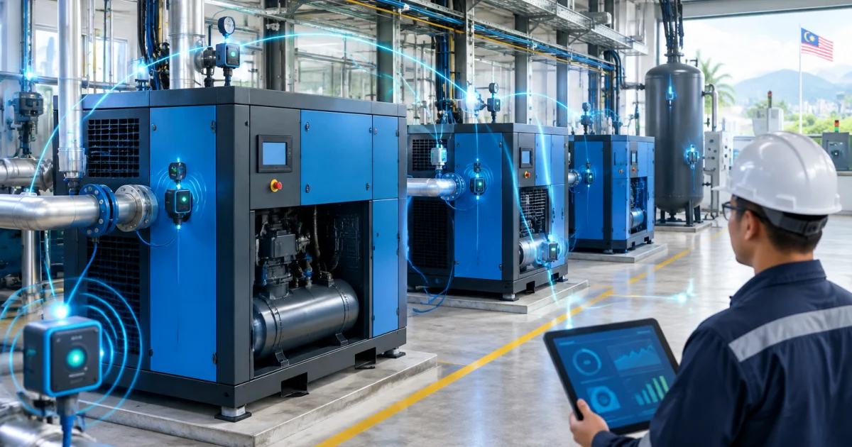 Modern compressor room with rotary screw compressors and monitoring sensors for energy and uptime optimisation