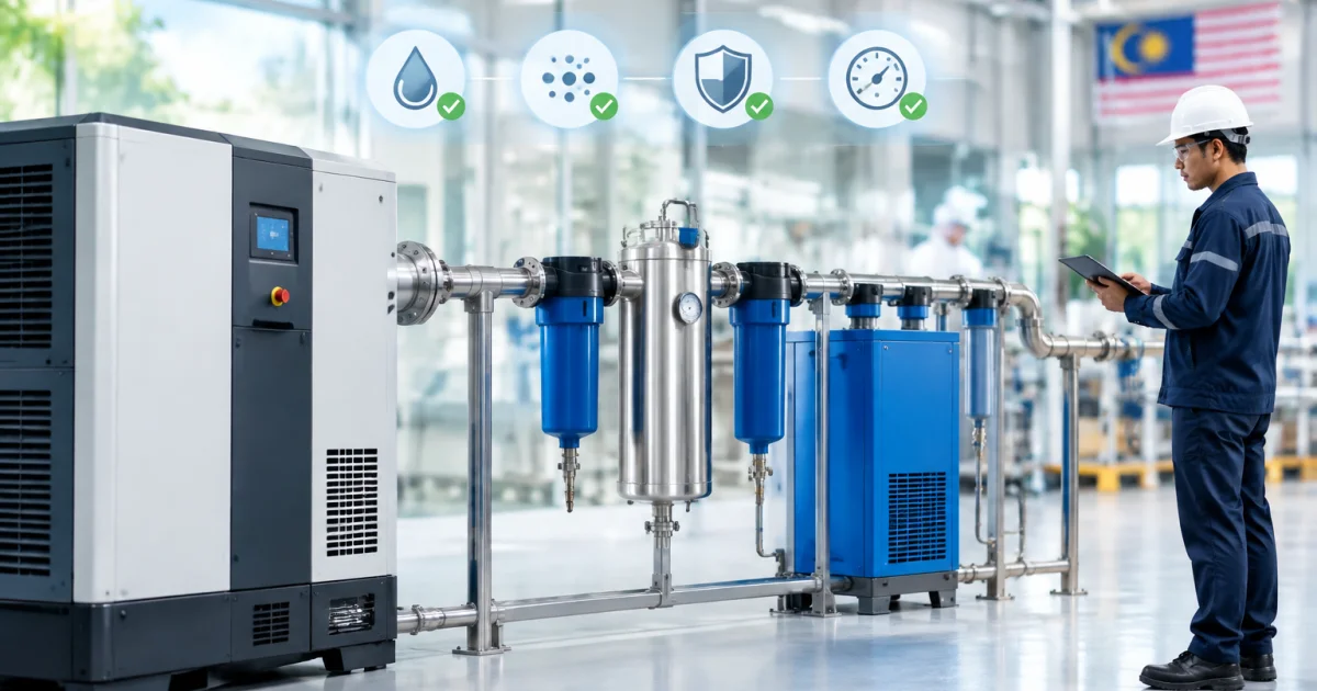 Oil-free air compressor with filtration and dryer system installed in a clean industrial environment